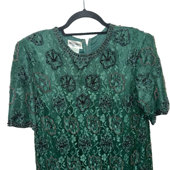Brilliante by J.A.Vintage Beaded & Sequins Dark Green Lace MidiScallop Hem Sz M - Picture 3 of 13